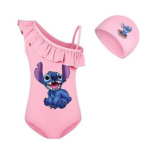 Lasten tyttöjen Lilo & Stitch -uimiasu, uimapuvut, kesäuimapuku, bikinit, hattu, ranta, 7-14 vuotta (7-8 vuotta, vaaleanpunainen)