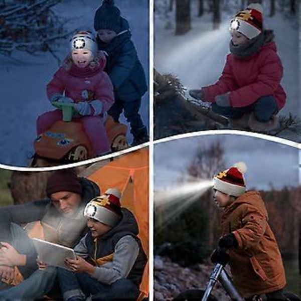 (A)Pipo valolla lapsille, USB ladattava handsfree LED otsalamppu pipo joulu talvi neulottu yövalopipo