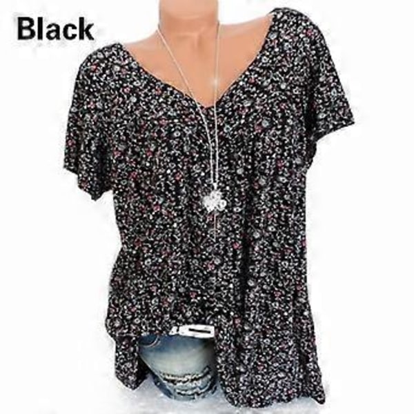 Dame Plus Size Printet Kortærmet T-shirt V-hals Top Sommer Afslappet Løs (2XL sort)