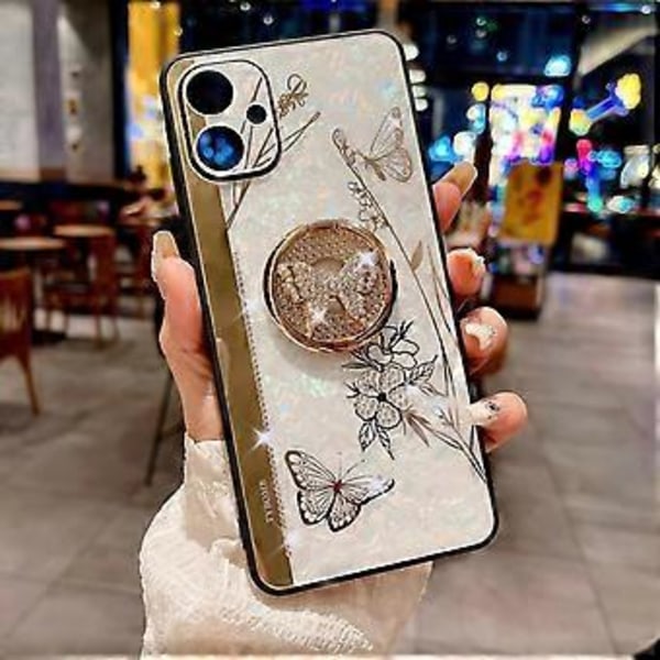Samsung Galaxy A06 -kotelo, strassikoristeet, jalusta, TPU+PC, perhoskuvioinen kukka-puhelinkuori (Tyyli B)