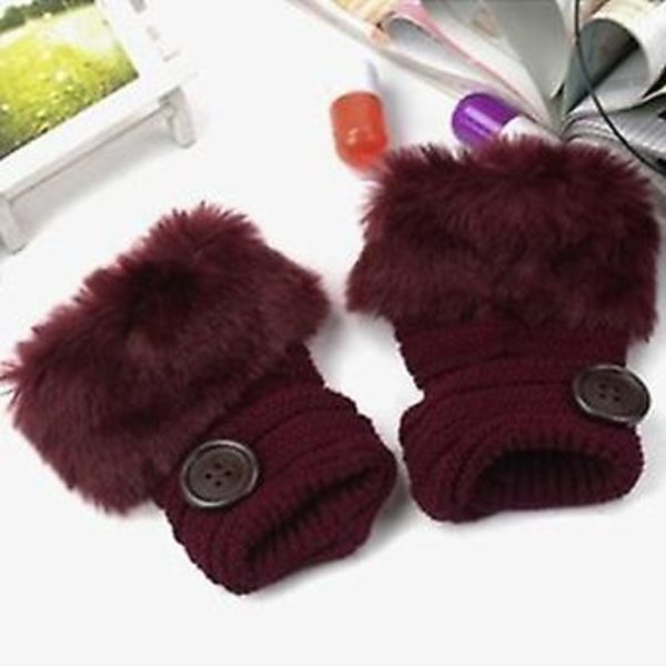 Vinterfluffiga Fingerlösa Vantar med Manschett i Konstpäls för Kvinnor (Vinröd)