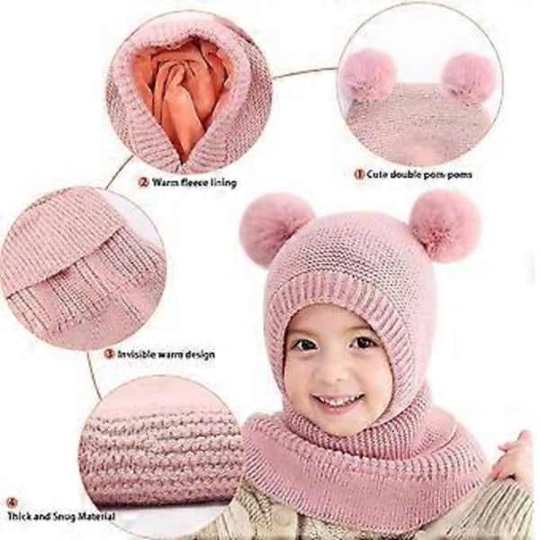 Talvituubi Hattu Huivi, Lämmin Neulotu Huivi Hattu Kaksoispomponilla, Korvatulpilla Varustetut Beanie-Lakit Fleeceulosteella Taaperoille Tytöille Pojille
