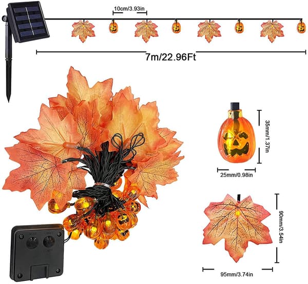 Solcelled Halloween græskar fe lys 8 tilstande, 7M 50 LED udendørs M