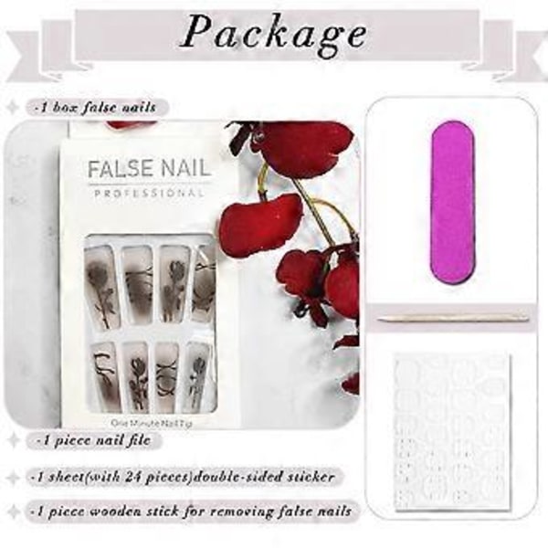 Matte Lange Tryk-På Kiste Negle Nøgen Ballerina Falske Negle med Sort Rose Mønster Design Akryl Fuld Dækning Falske Negletips 24stk
