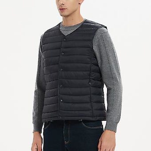 Herrar Vinterväst Enfärgad Vadderad Ärmlös Singelknäppt Cardigan Varm V-ringad Vindtät Vinterväst för Resa (3XL Marinblå)