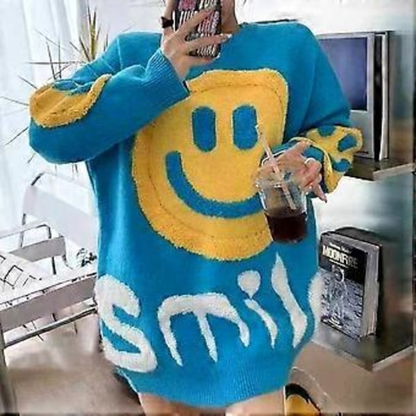 Vinter Dame Fortykket Varmt Smilende Ansigt Sweater Løs Casual Dame Striktrøje Rund Hals Dame Top (sort)