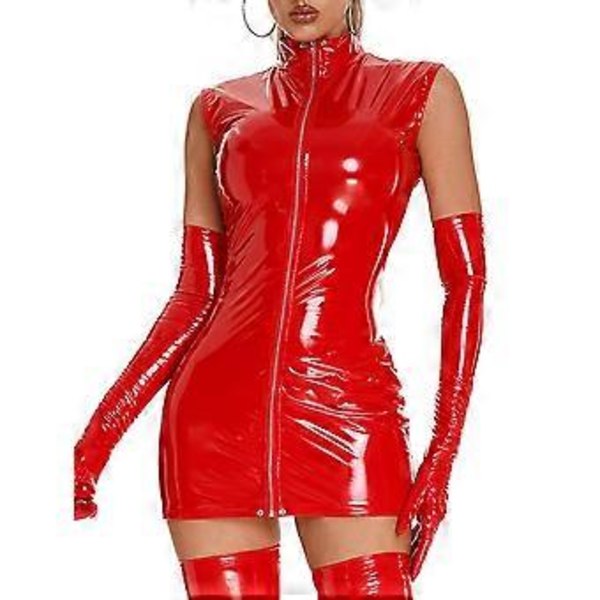 Dam Hög Krage Ärmlös Dragkedja Latex Bodycon Mini Klänningar för Klubben (L röd)