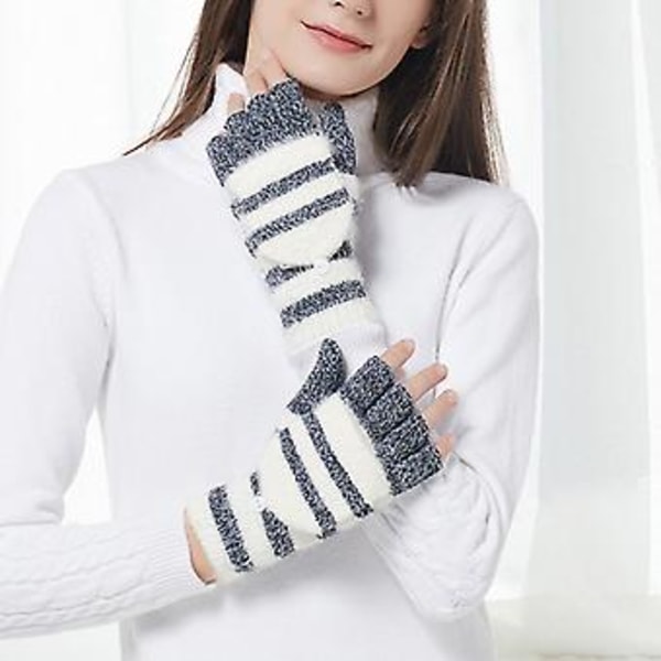 Plush Strikket Handsker Strækbare Handsker med Flip Top Stribede Fingerløse Handsker (Sort)