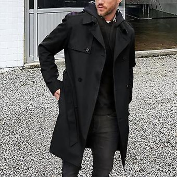 Mænd Efterår Vinter Ensfarvet Vindjakke Lapel Langærmet Dobbeltbrystet Lommer Bælte Slank Pasform Lang Frakke Streetwear (L Sort)