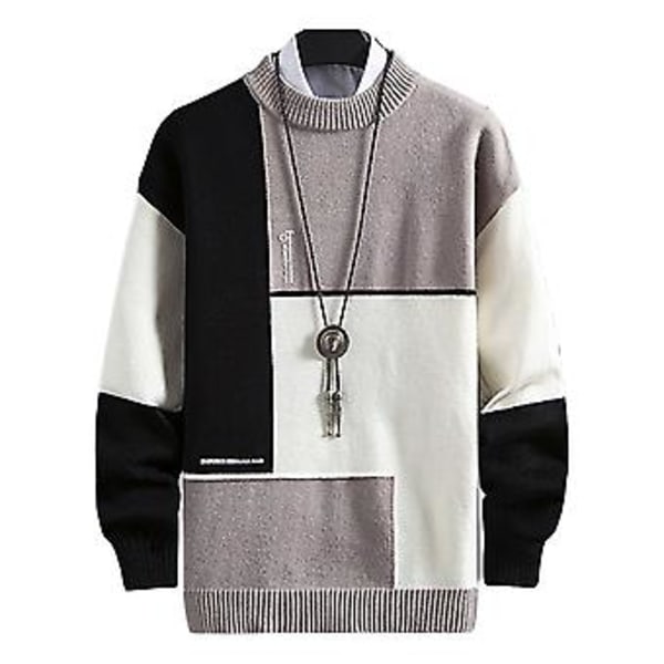 Høst- og vintergenser for menn, strikket, lang erme, rund hals, kontrastfarger, løs passform, varm, tykk, elastisk, krympesikker, vårgenser for shopping (XL grå)