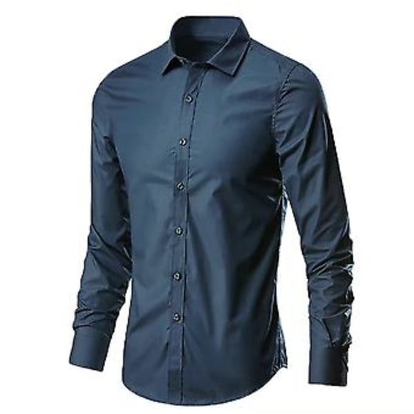 Men Lapel Neck Loose Shirt Casual Long Sleeve Plain Buttons Down Formal Business Shirt Tops(M Navy Blue)