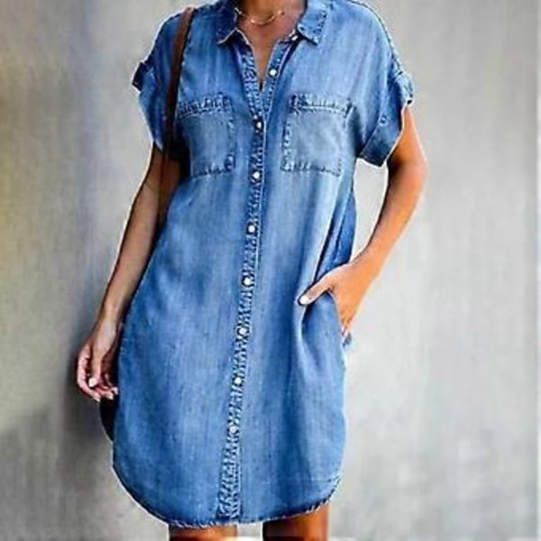 Arrival Sommer Dame Denim Kjole Korte Ærmer Løse A-formede Kjoler S V-hals Ensfarvede Denim Kjoler Skjortekjole 17139(M wow)