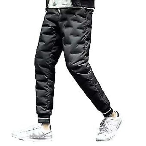 Efterårs- og vinterdunbukser med elastisk talje, snøre, ensfarvet, tykkere, varme bukser, vindtætte, snevarme bomuldsbukser (3XL Sort)