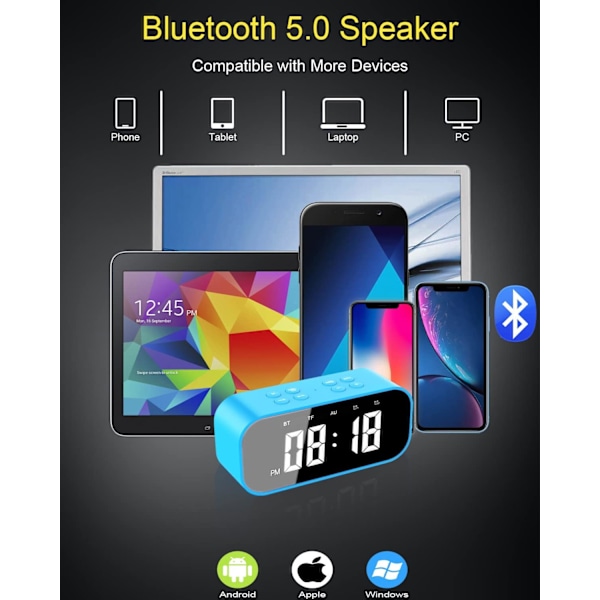 Digital väckarklocka med Bluetooth-högtalare, skrivbords klocka för sovrum, liten bords klocka med dubbla larm, snooze, dimbar LED-display.