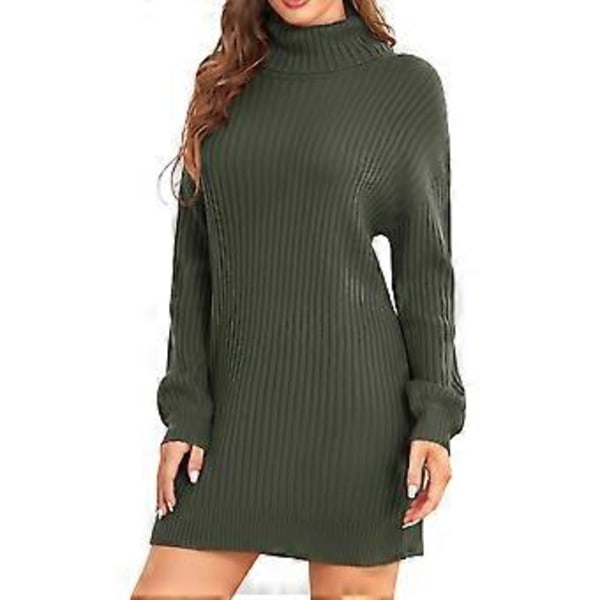 Kvinnors Turtleneck Stickad Klänning Höst Vinter Casual Lös Lång Puffärm Ribbstickad Pullover Klänning (XS OD Grön)