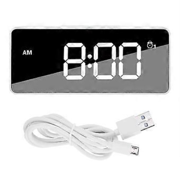 Multifunktionell USB-laddande Digital Musik Snooze Väckarklocka Bakgrundsbelysning Spegeldisplay Vit