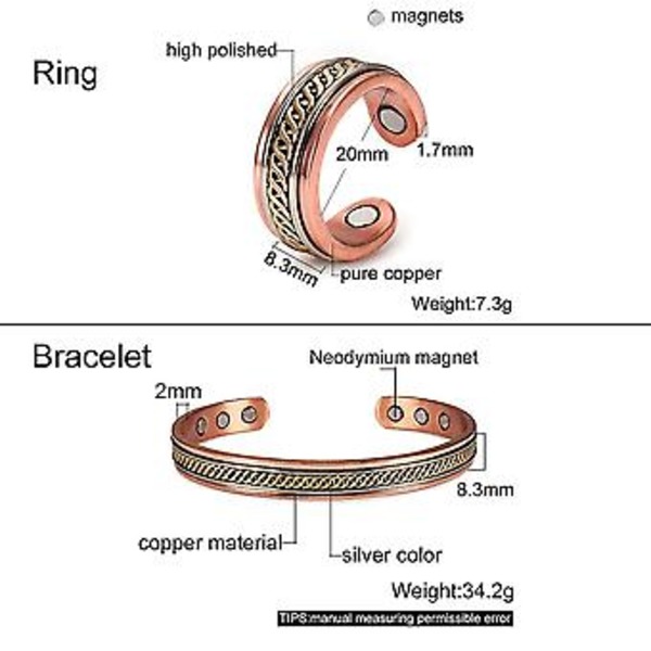 Rent Smykker i Rent Kobber til Kvinder - Twisted Open Cuff Justerbar Kobber Magnetisk Armbånd Øreringe Gigt Magnetisk Terapi Ring ( )