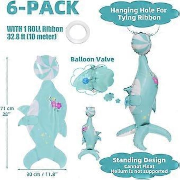 Ocean Tema 6 Pak 3D Blå Delfin Formet Stående Balloner Havdyr Aluminium Folie Mylar Ballon Babyshower Fødselsdagsfest Dekoration Børnegaver