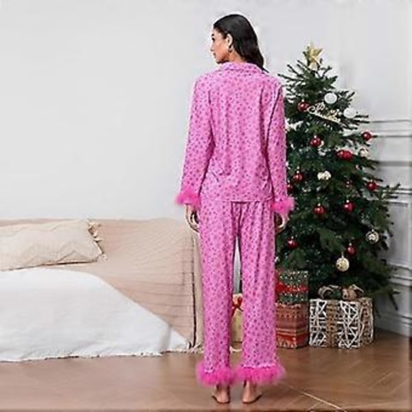 Dam Pyjamas Set med Fjäderkant Långärmad Knappuppslagen Topp Byxor 2-delad Loungeset Satin Pjs Pyjamas Nattkläder (S Ros Röd Snöflinga)