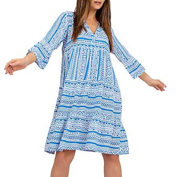 V-hals Lang Kjole til Kvinder 3/4 Ærme Åndbar Mode Løstsiddende Kant Print Kjole til Daglig Casual Fest (XL Blå)