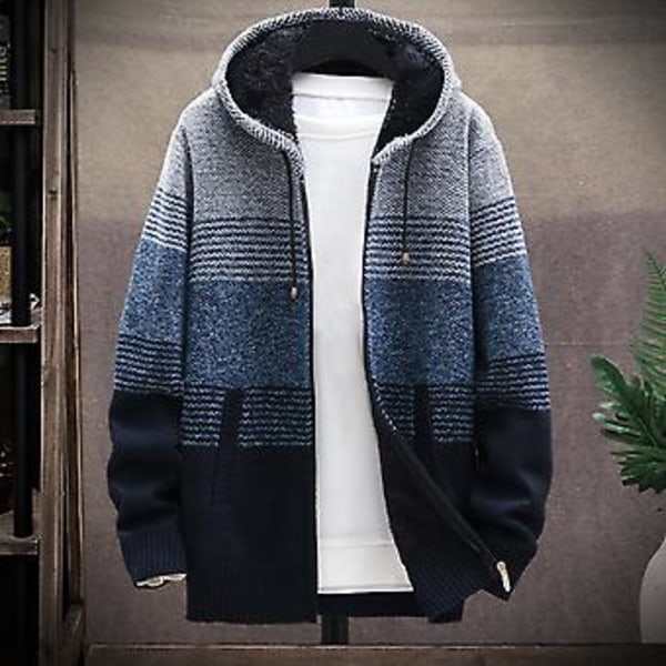 Fianao Herrar Stickad Kavaj Färgblock Huva Höst Vinter Tjock Plysch Varm Cardigan Tröja (4XL Blå Grå)