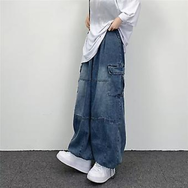 Miesten Löysät Cargo-Farkut Useilla Taskuilla Yksivärinen Vetoketjullinen Lentävä Leveälahkeiset Housut Syksy Denim-Housut Streetwear (L Musta)