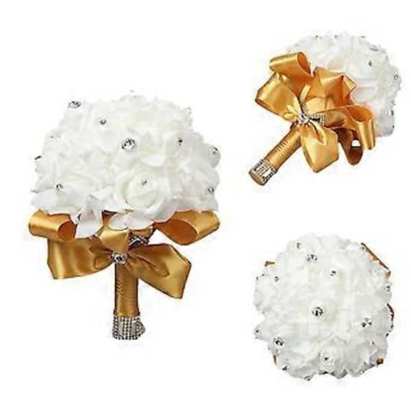 Kunstig Brudebuket, Rosebuket til Brud og Brudepiger med Krystaldiamant Bløde Bånd, Brudepiger Holder Blomster (Guld)