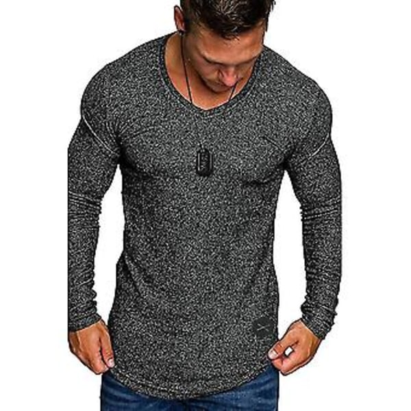 Miesten pitkähihainen T-paita, slim fit, V-kaula-aukko, lihaksia korostava (L Musta)