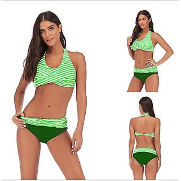 Flickors badkläder delad bikini sexig strand damernas badkläder L Grön vit rand