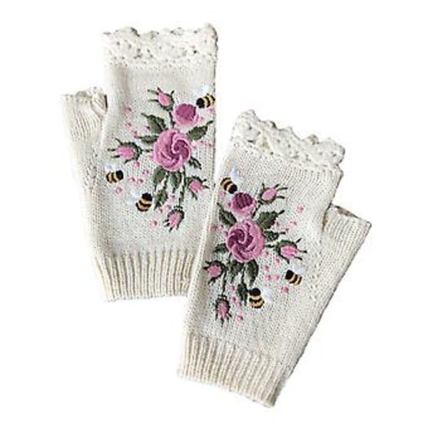 Fashion Womens Flower & Bee Embroidery Gloves Knitted Fingerless Mittens Ladies Gloves Winter Warm( White)