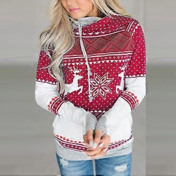 Dametøj Jule Reindeer Print Hoodies Langærmet Hættetrøje Trøje Jule Casual Jumper Tops Med Lommer (XL Rød)