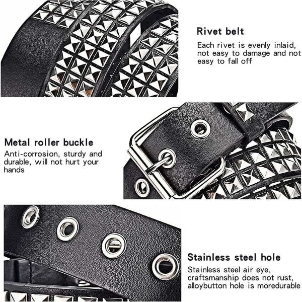 Studded Belt, 3 Row Metal Pyramid Square Beads Punk Leather Belt, Women Men Studded Jeans Belt. (black) - -
