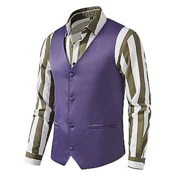 Herre Solid V-hals Casual Enkelt Bryst Dress Vest Business Formell Kontor Vest Med Lommer (S Lilla)