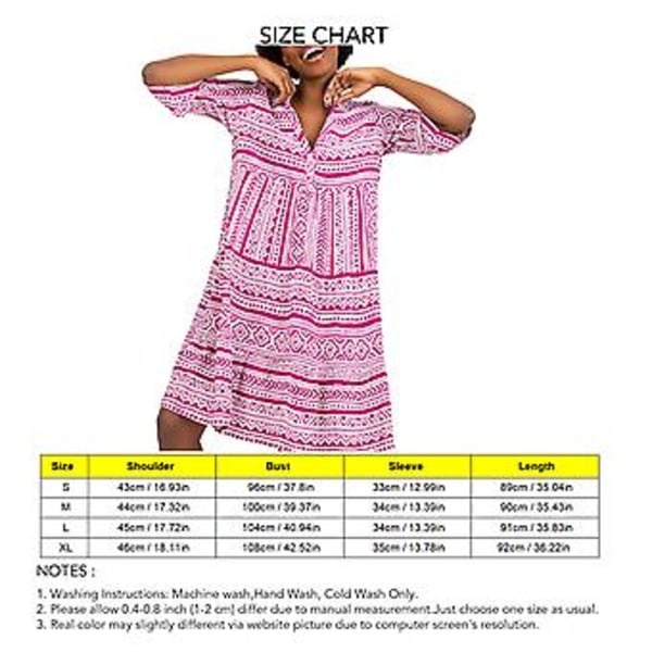 V-hals Lang Kjole til Kvinder 3/4 Ærme Åndbar Mode Løstsiddende Kant Print Kjole til Daglig Casual Fest (XL Rød)