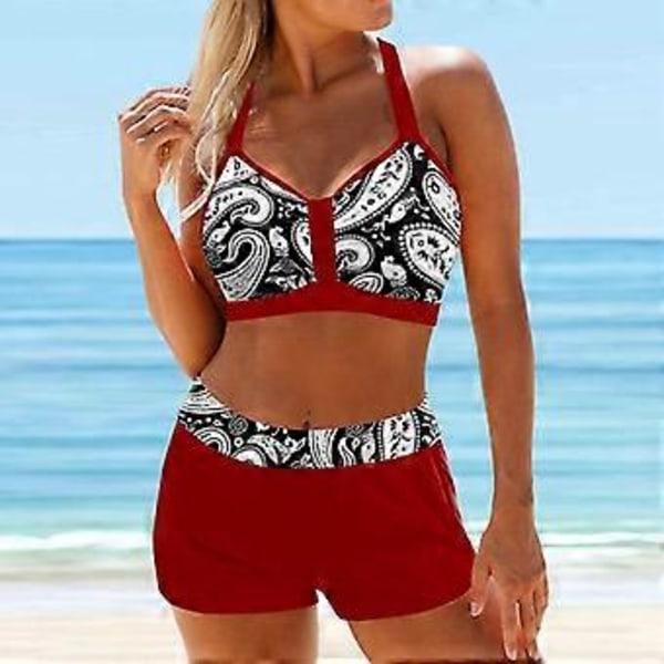 Naisten Uimapuku Bikini 2-osainen Selästä Avoin Riimu Ranta-asu Sininen Kirjailtu Aalto-kuvio Uima-asut (4XL punainen)