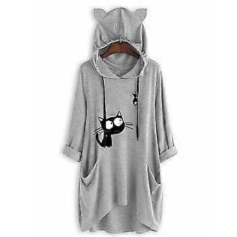 Strikket langærmet pullover hættetrøje midilængde irregulær moderigtig dame sweatshirt (XL Grå)