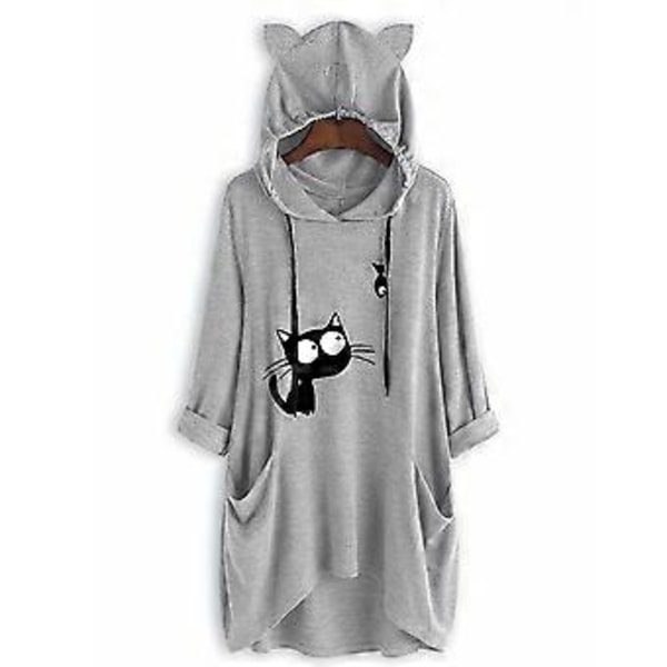 Strikket trykt langærmet pullover hættetrøje midilængde irregulær moderigtig dame sweatshirt (XXXL Blå)