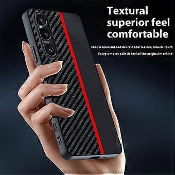 Til Sony Xperia 1 VII Etui Læder + PC Hårdt Telefon Cover Kulfiber Tekstur (Sort/Blå)