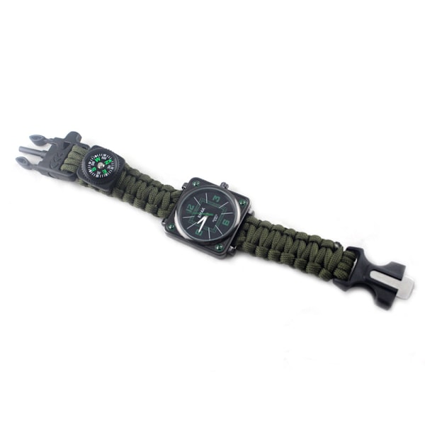(Army Green) Multifunktionelt udendørs overlevelsesur armbånd overlevelseskit reb fløjte + + kompas + lighter til vandreture camping klatring førstehjælpskasse