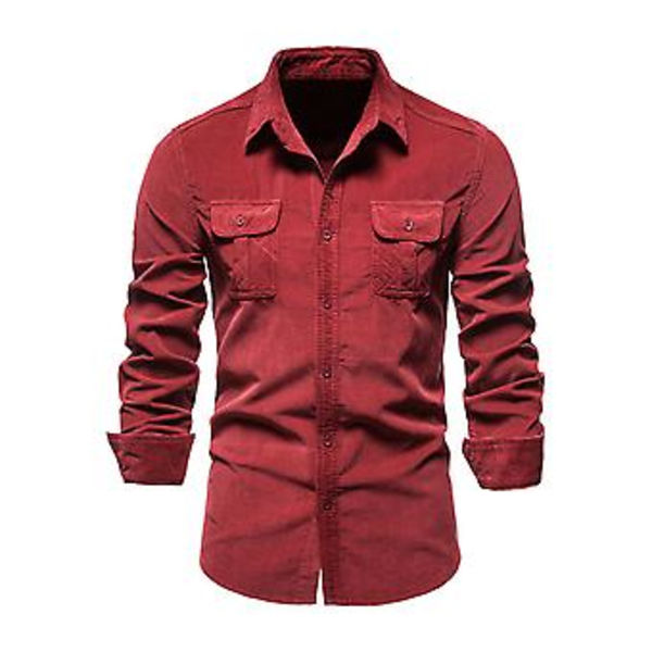 Mænds Corduroy Langærmet Skjorte med Knapper, Varmt Casual Regular Fit Brystlomme ( )