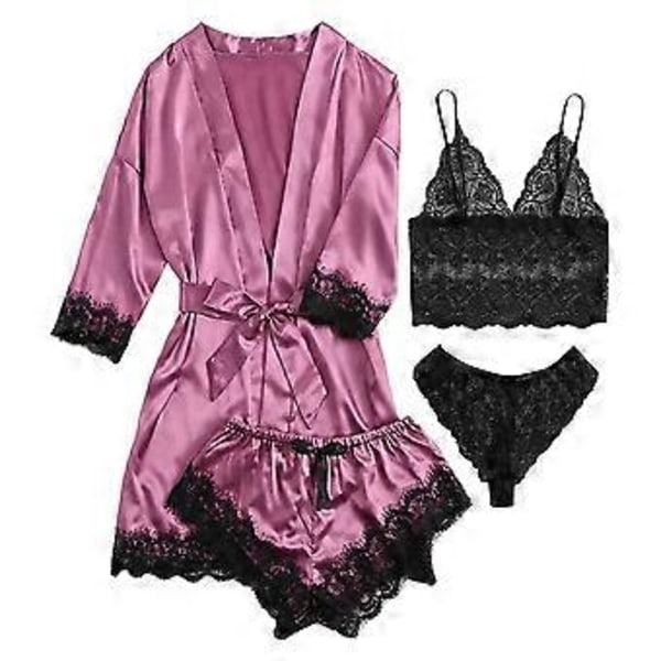 Satinpyjamas för kvinnor, 4-delad nattkläder, hemkläder, nattkläder, sexig spets, blommigt, med morgonrock, lila (M lila)