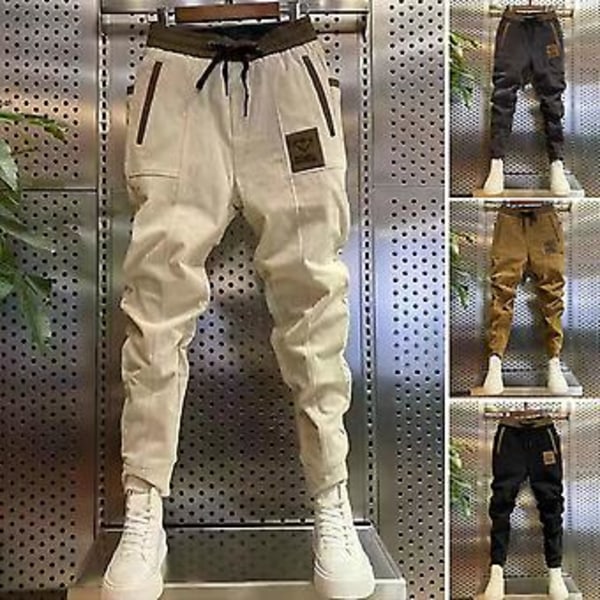 Harem-byxor för män i corduroy med dragsko och kontrastfärgade fickor, midjehöga, enfärgade, höst (L Khaki)