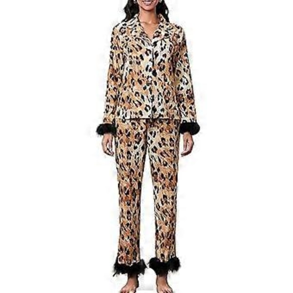 Dame Pyjamasæt med Fjerkant Langærmet Knappet Top Bukser 2-delt Lounge Set Satin Pjs Pyjamas Nattøj (M Leopard)
