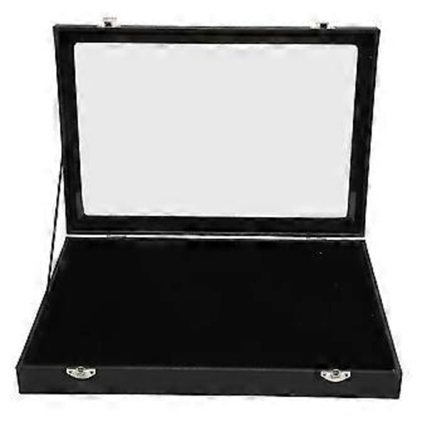 Militärmedalj-Nål-Stiftsutställningsfodral - Transparent Dammsäkert Skuggbox för Samlare - Svart PU-Läder - 35x24x5cm / 13.8x9.4x2.0in