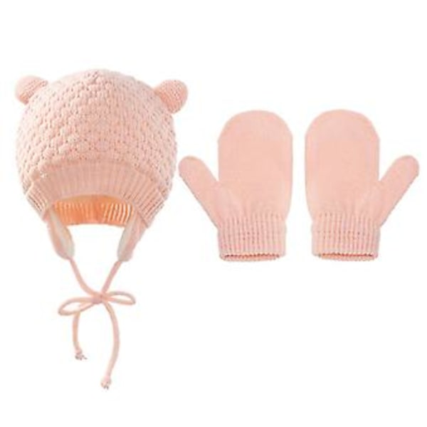 Vinter Baby Hatt Vante Set För Barn Beanies Barn Pom Stickad Mössa Varm Bonnet Suit (Rosa)