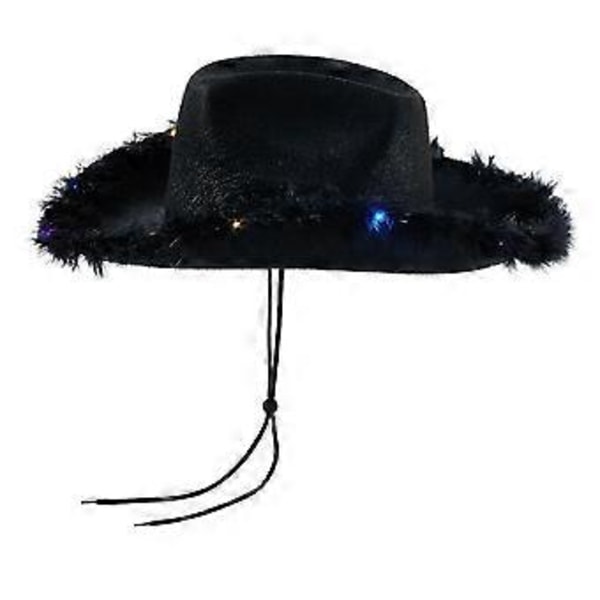 Lysande Cowboyhattar för Kvinnor Fluffig Fjäderbrätte Led Cowgirl Hatt för Möhippa, Maskerad, Utklädning (Svart)