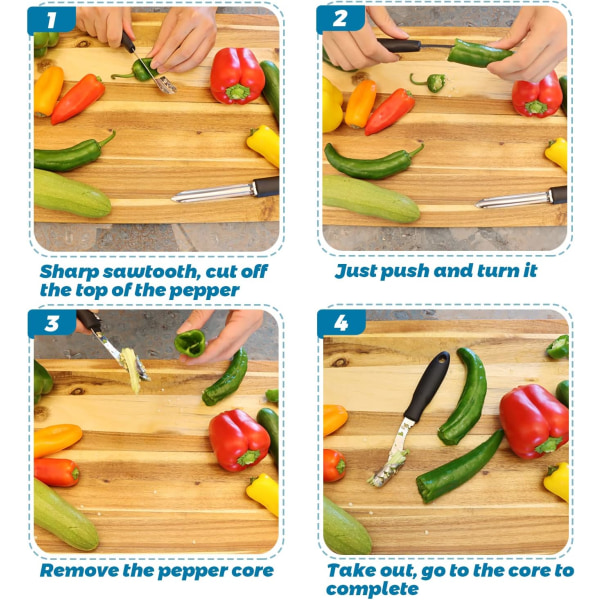 Sæt med 2 rustfrie stål jalapeno- og zucchini/agurkekernefjernere med takkede blade