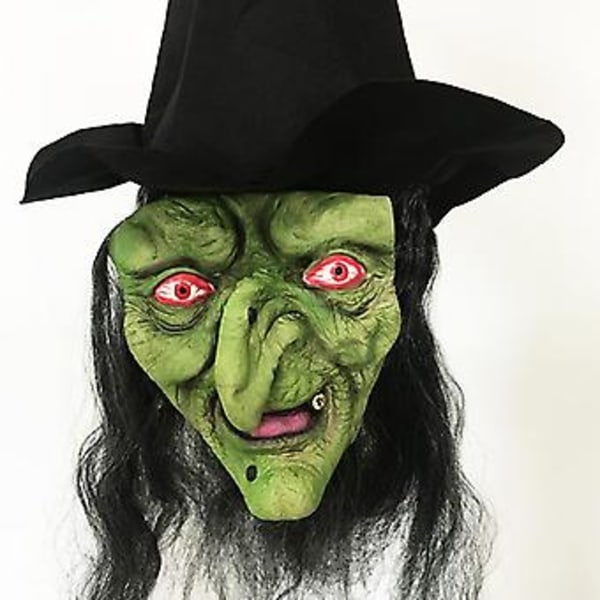 Halloween Horror Gammel Hexe Maske Med Hat Cosplay Gyser Klovn Hag Latexmasker Grøn Ansigt Stor Næse Gammel Kvinde Kostume Party Props