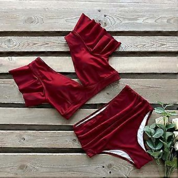 QQDD Naisten röyhelöinen korkeavyötäröinen uimapuku, kaksiosainen push-up trooppinen printtibikini (M yksivärinen punainen)