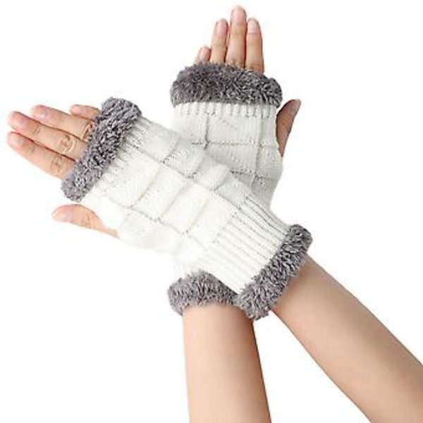 1 Par Fingerløse Arm Håndled Fuzzy Strikket Handsker Håndvarmer Vinter Vanter (Hvid)